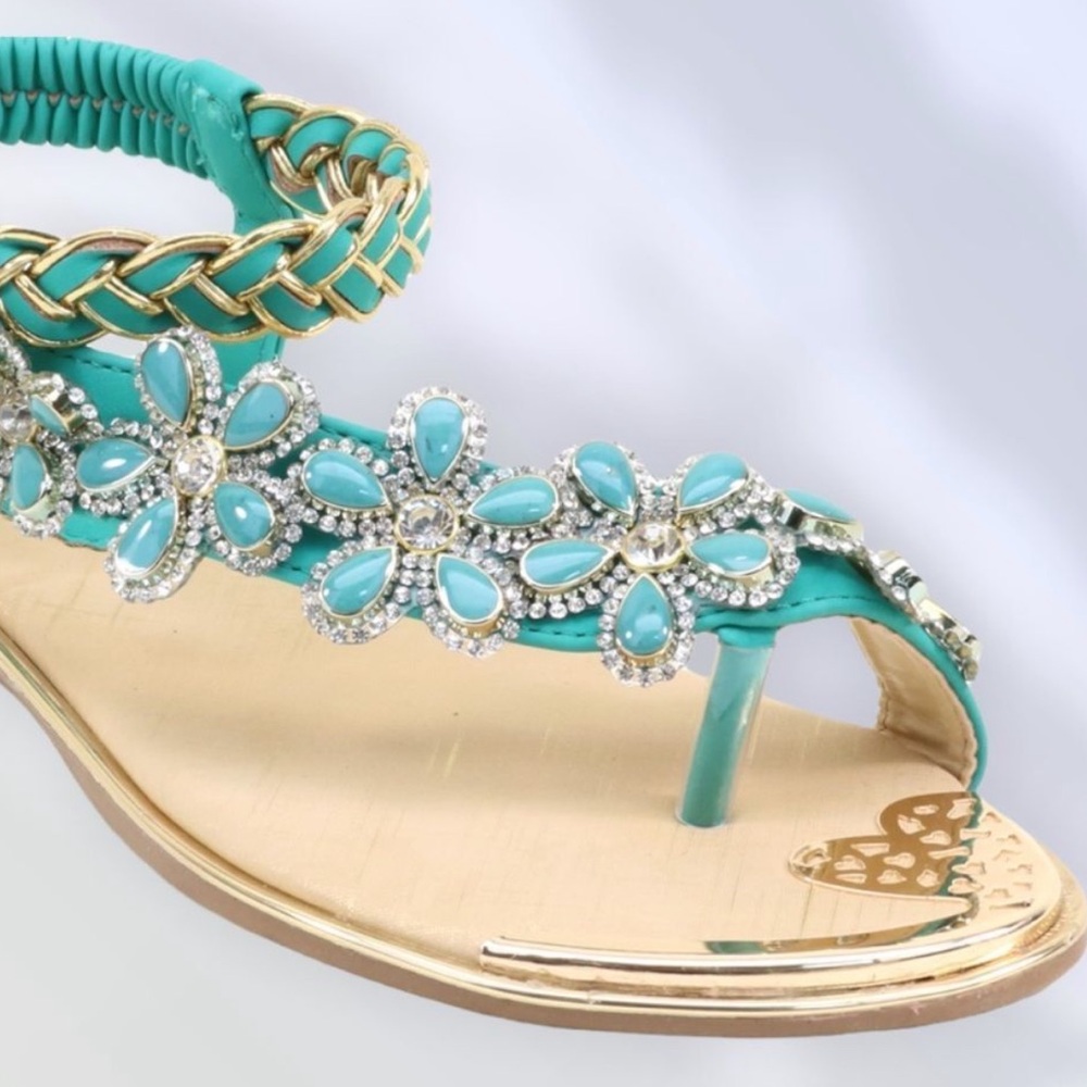 1 Left! Italina Sleek Black Vinyl Floral Rhinestone Embellished Toe Ring Sandal - Picture 8 of 13